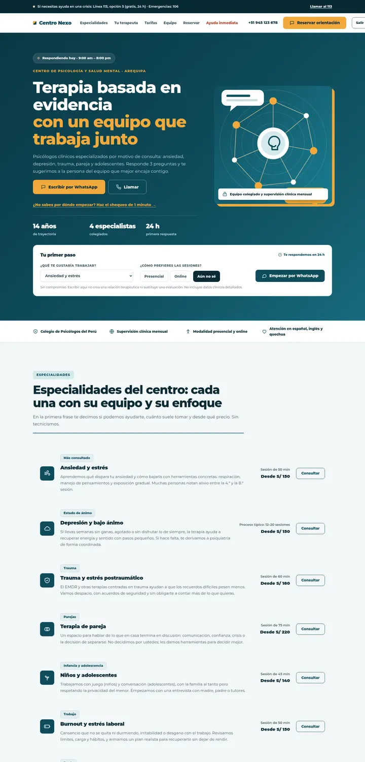 Captura de la plantilla Nexo · Centro de psicología
