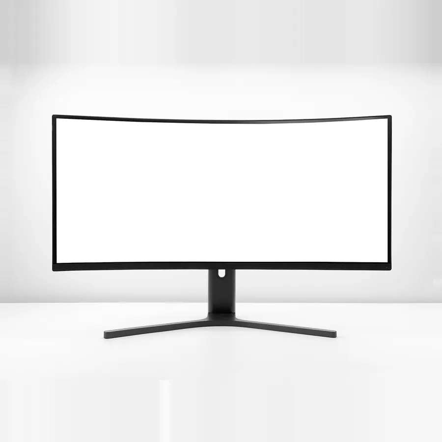 Monitor curvo ultrapanorámico negro sobre una mesa blanca