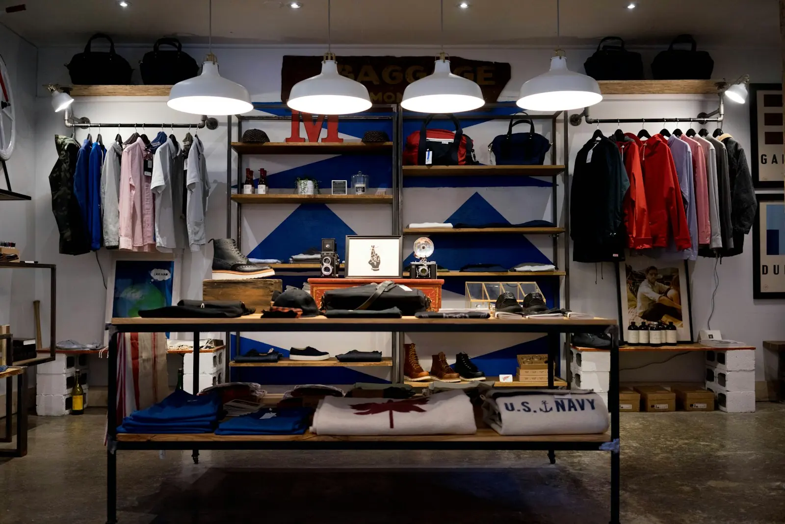 Interior de la tienda con estantes de ropa y zapatillas