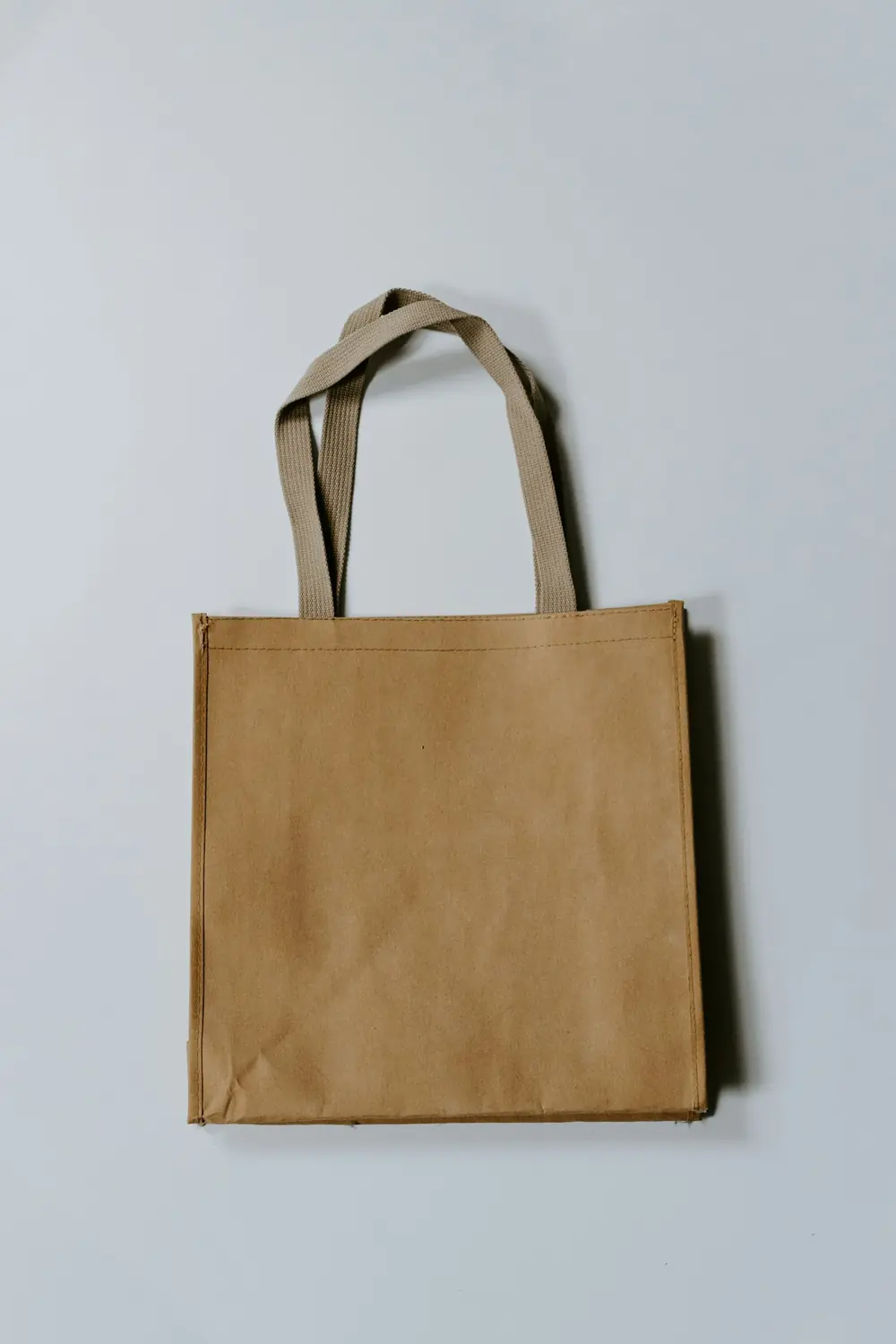 Bolsa tote de papel kraft con asas de tela colgada en la pared